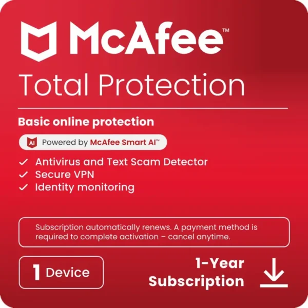 McAfee Total Protection – 1-Year Subscription for Antivirus & Internet Security (Covers 1 Device, Auto-Renewal)