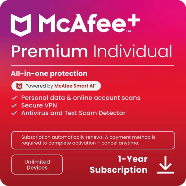 McAfee+ Premium Individual – 1-Year Internet Security Subscription with Auto-Renewal (Covers Unlimited Devices)