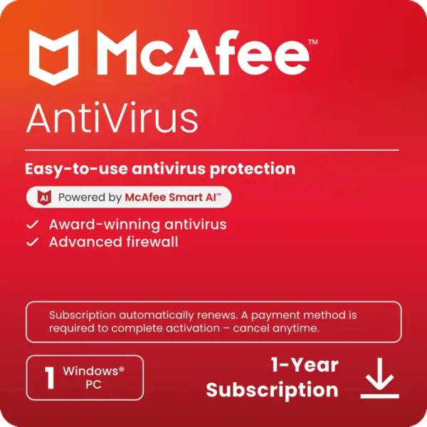 McAfee Antivirus – 1-Year Internet Security Subscription for 1 Device (Auto-Renewal Included)