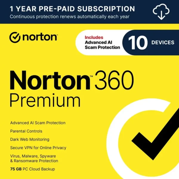 360 Premium – 1-Year Subscription for Antivirus, Internet Security, VPN & Dark Web Monitoring (Covers Up to 10 Devices)