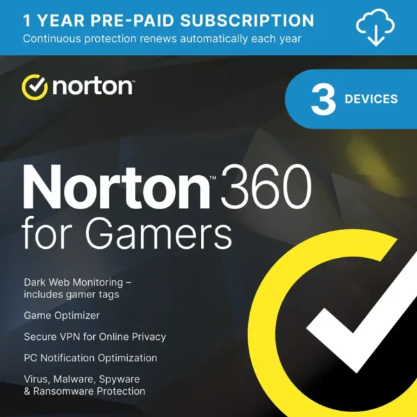 Norton 360 for Gamers – 1-Year Subscription for Antivirus, Game Optimization, and VPN (Covers 3 Devices)