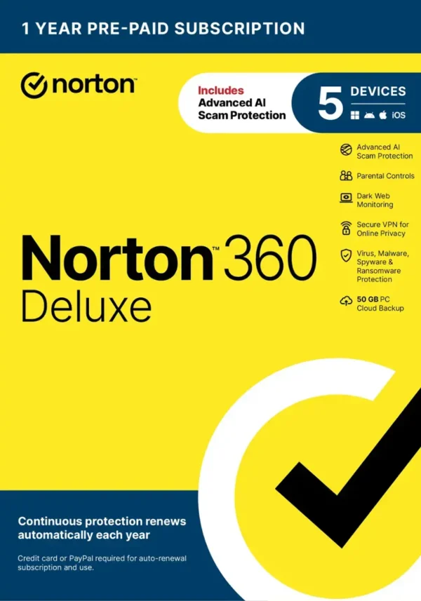 Norton 360 Deluxe – 1-Year Subscription for Antivirus, Internet Security, VPN & Dark Web Monitoring (Covers 5 Devices)