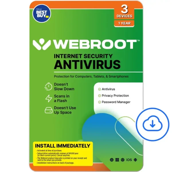 Webroot – 1-Year Internet Security with Antivirus for 3 Devices